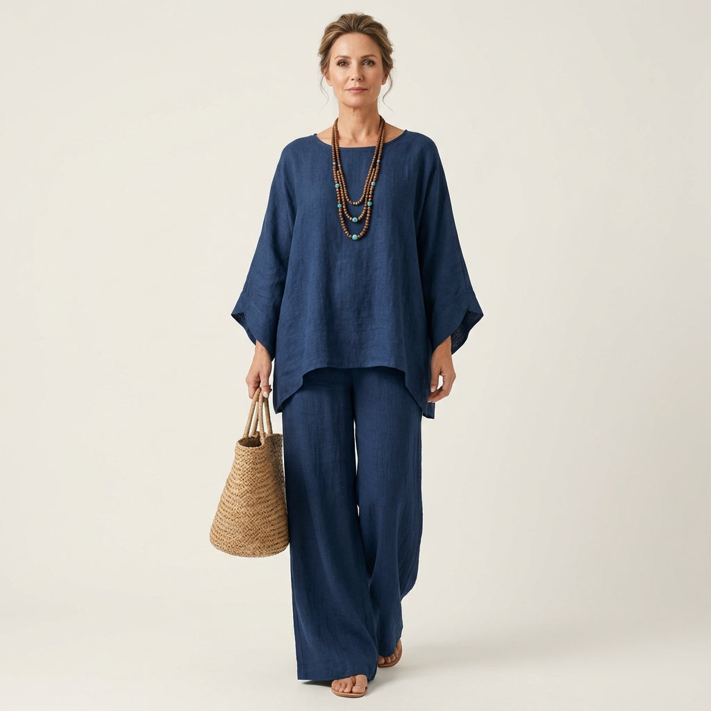 Majolie boho set in navy blue, full-length front view