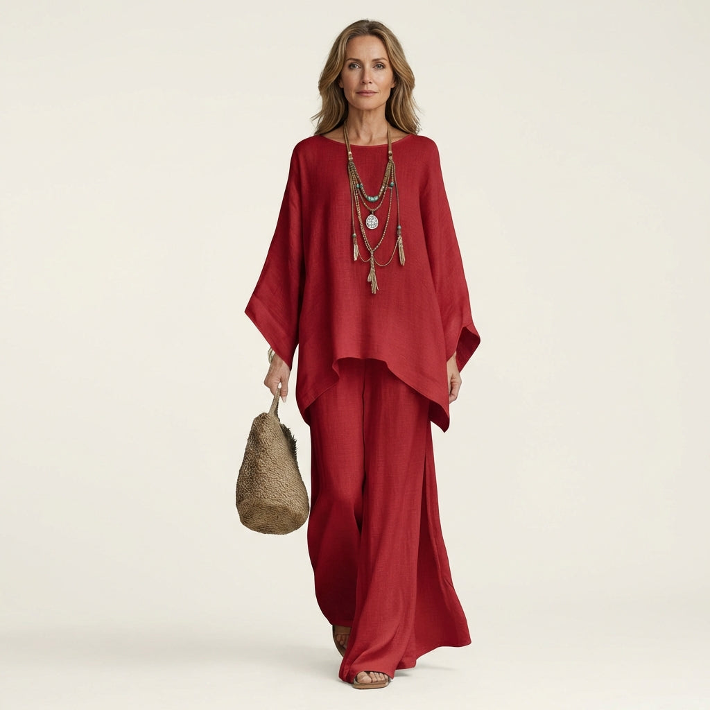Majolie boho set in red, full-length front view