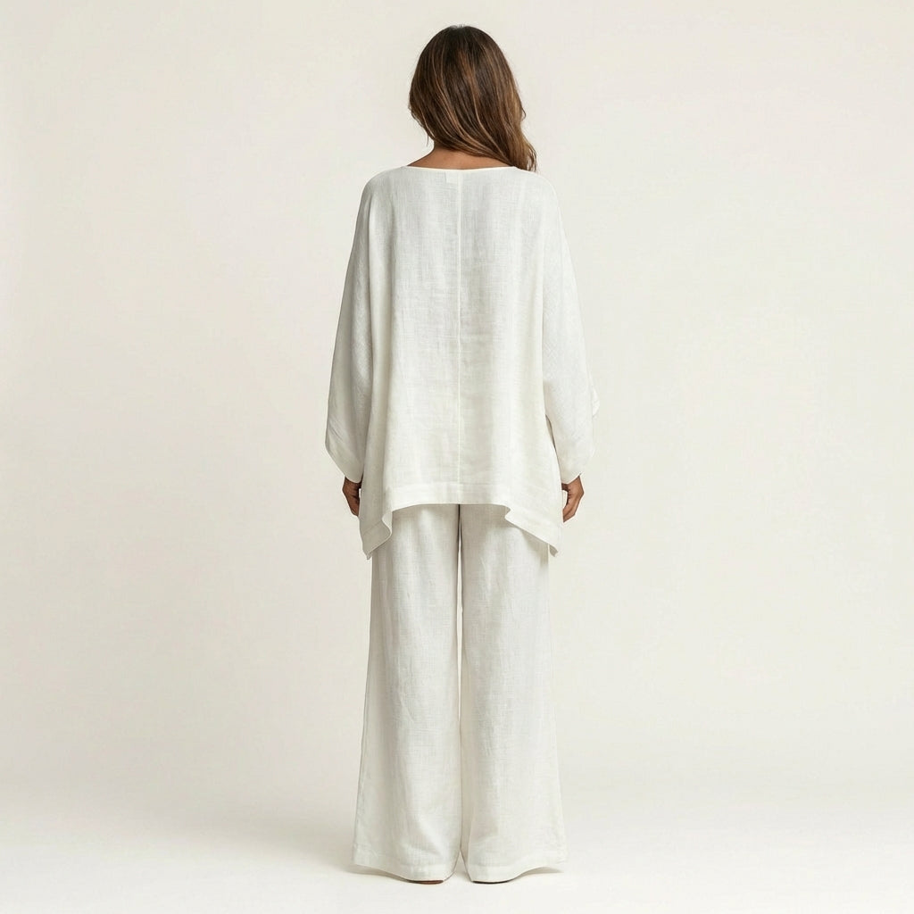 Majolie boho set in white, back view showing draped top hem