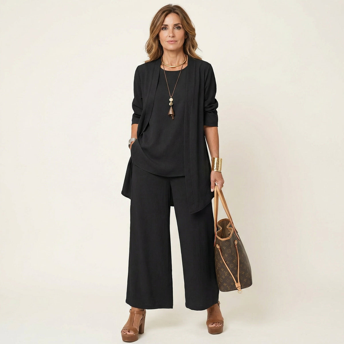 Vivienne three-piece set in black, full-length front view