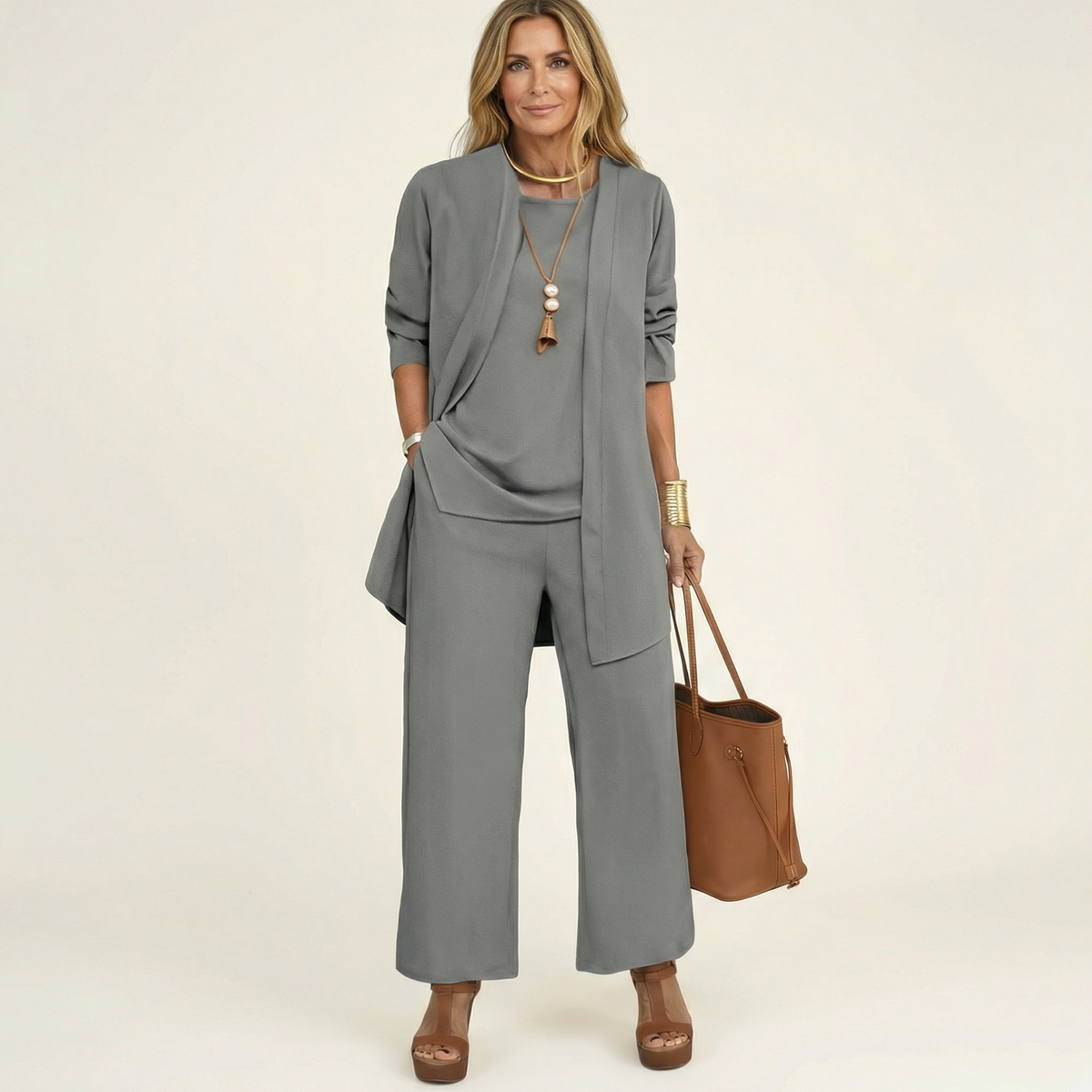 Vivienne three-piece set in grey, full-length front view