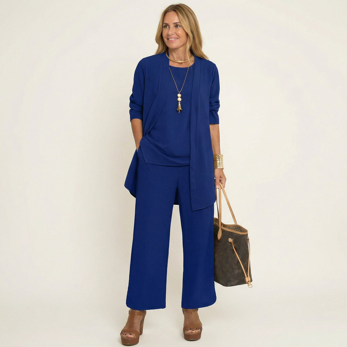 Vivienne three-piece set in blue, full-length front view