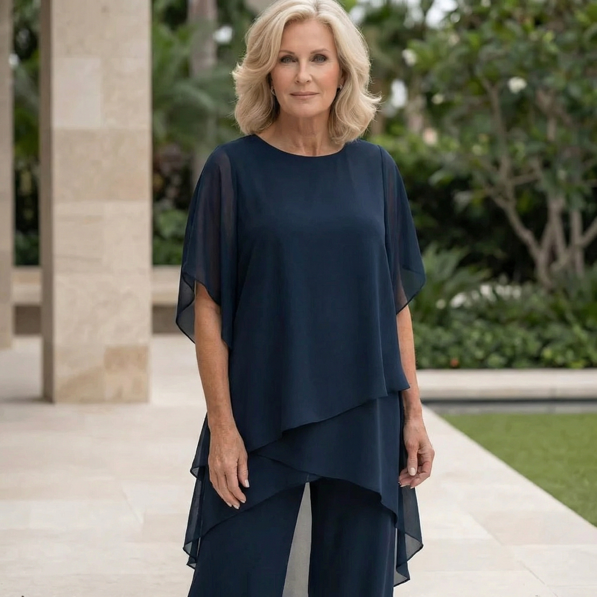 Linda draped chiffon top in navy blue, close three-quarter view