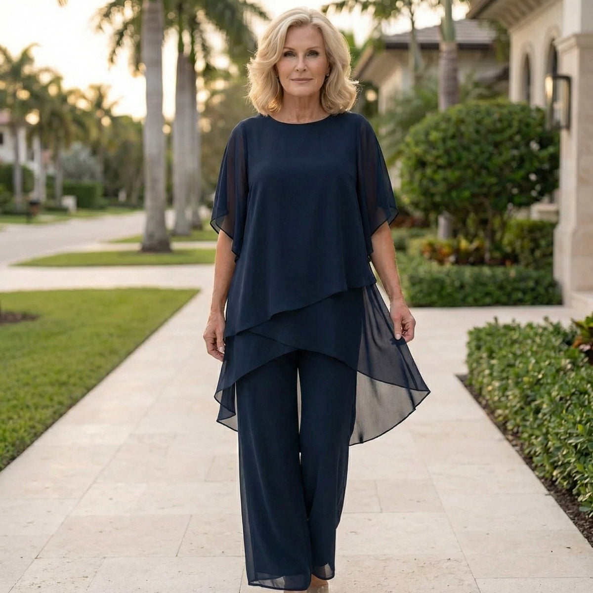 Linda draped top and wide-leg trousers in navy blue, walking view