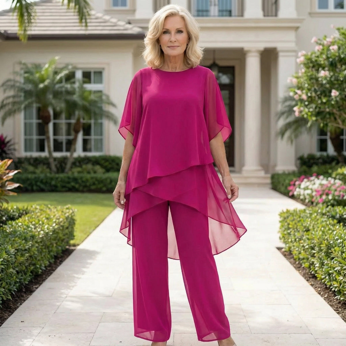 Linda elegant trouser set in pink, full-length view outdoors