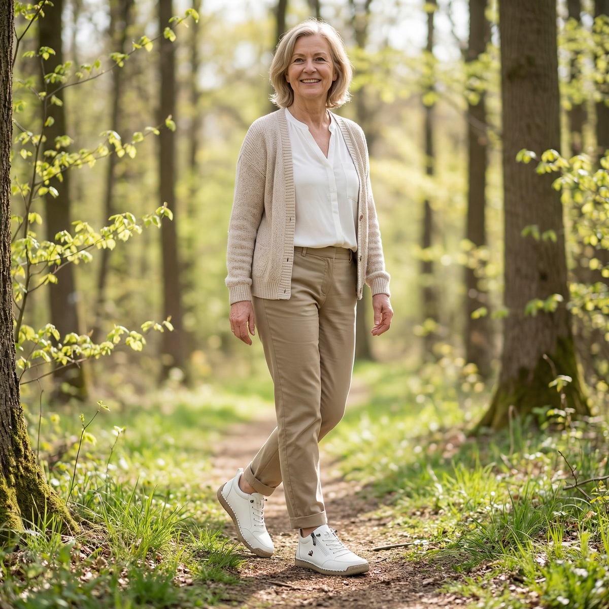 Mila trainers in white worn on a woodland walk, full view
