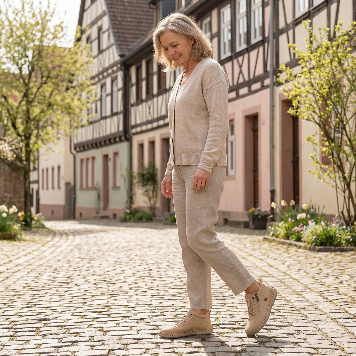 Mila trainers in sand beige worn on a cobbled street, full view