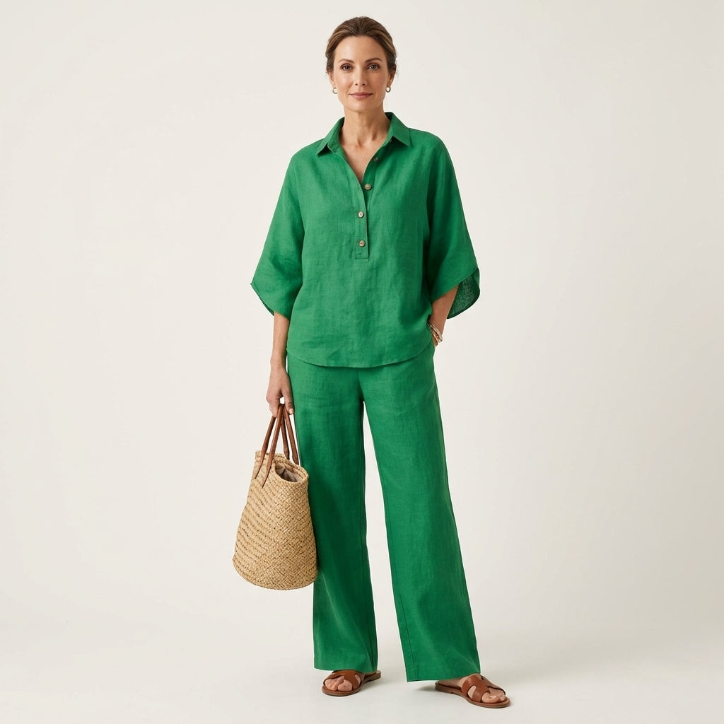 Zerah two-piece linen-blend set in green, full-length front view