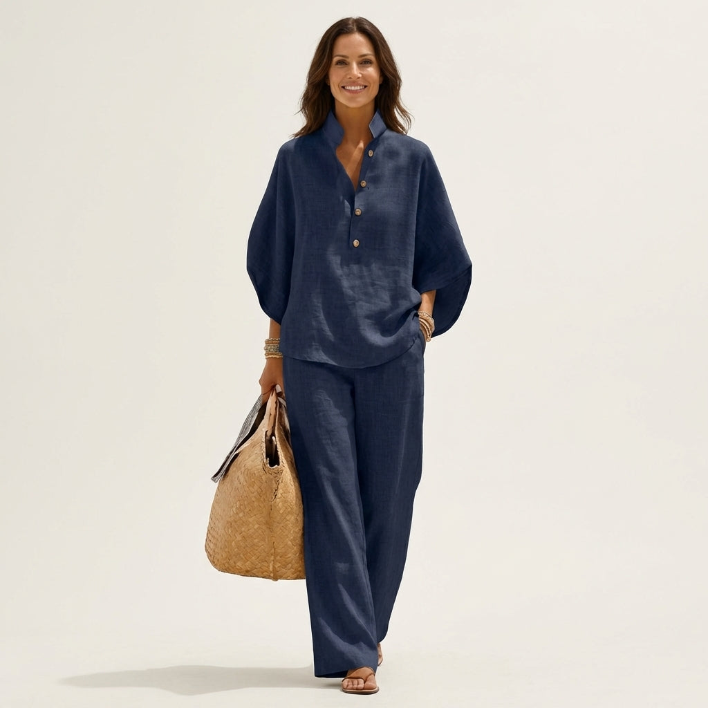 Zerah two-piece linen-blend set in navy, full-length front view