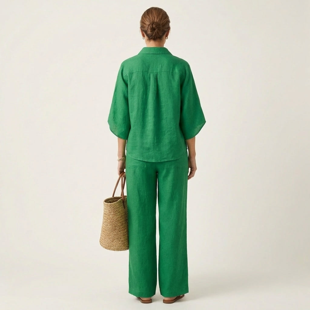 Zerah two-piece set in green, full-length back view