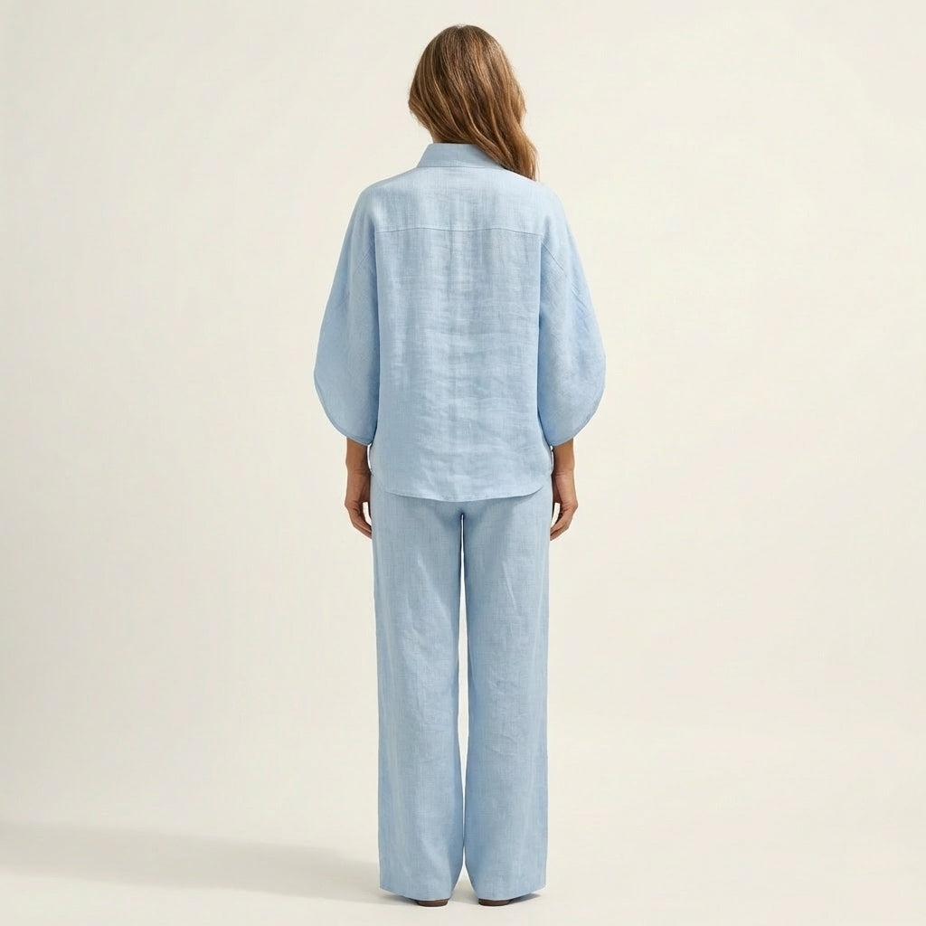 Zerah two-piece set in light blue, full-length back view