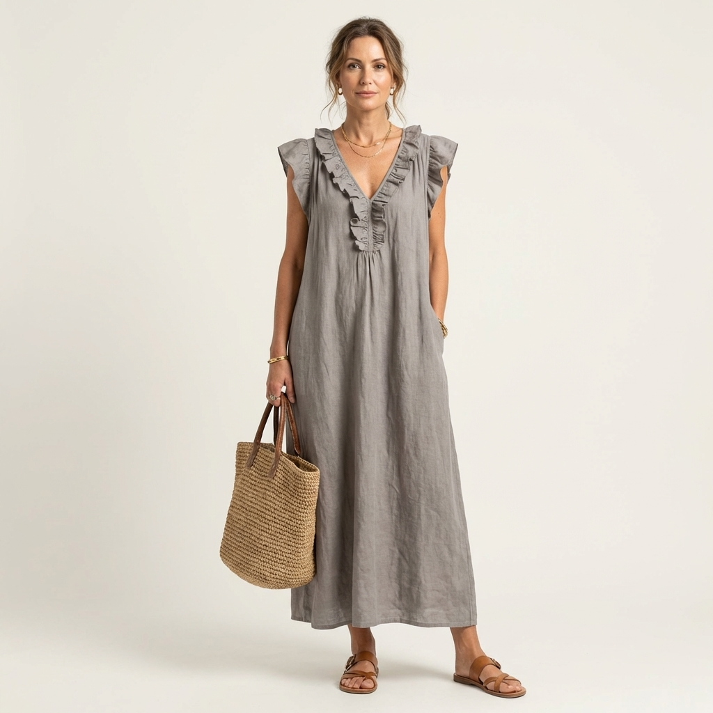 Josette ruffle V-neck maxi dress in grey, full-length front view