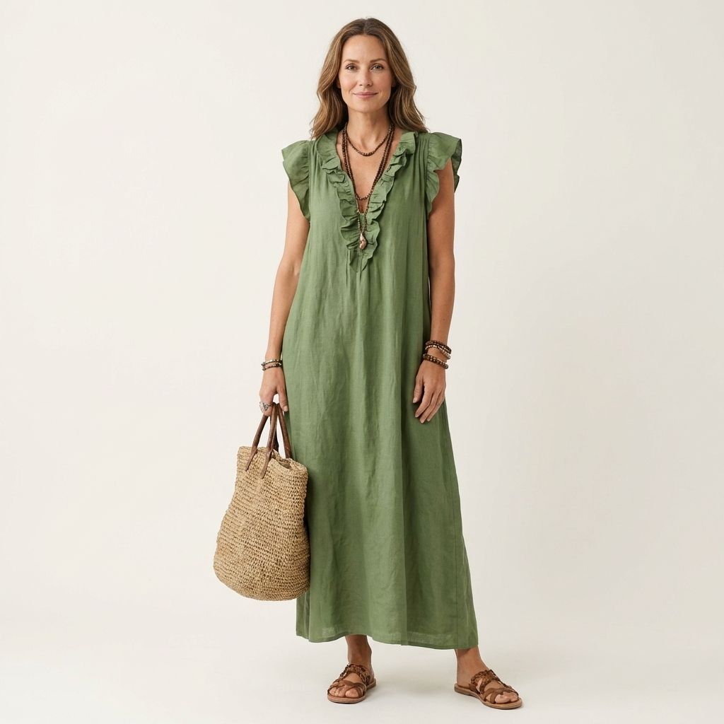 Josette ruffle V-neck maxi dress in green, full-length front view