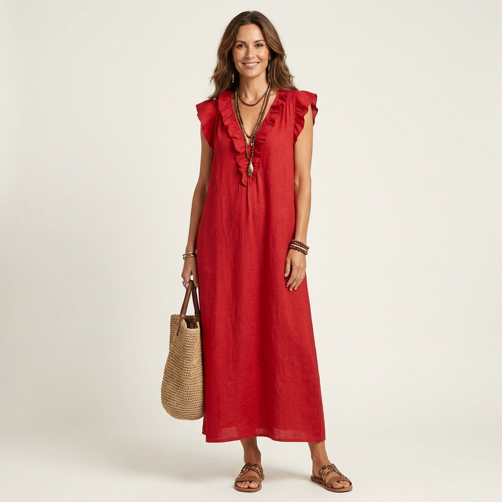 Josette ruffle V-neck maxi dress in red, full-length front view