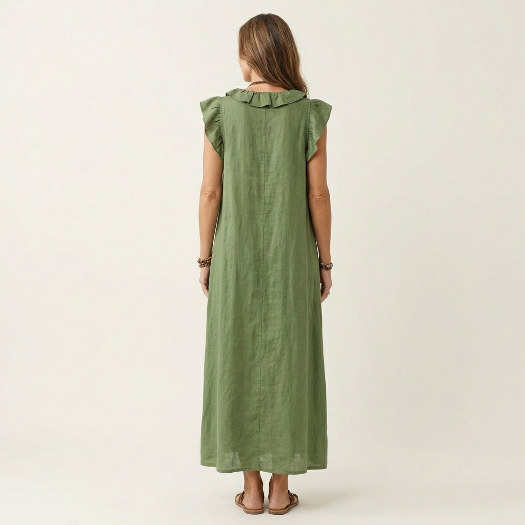 Josette ruffle V-neck maxi dress in green, back view
