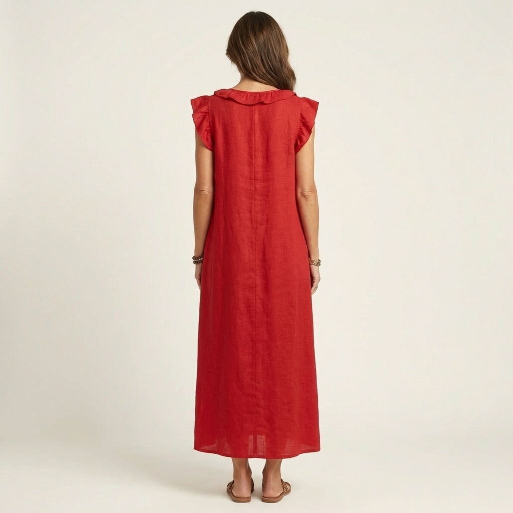 Josette ruffle V-neck maxi dress in red, back view