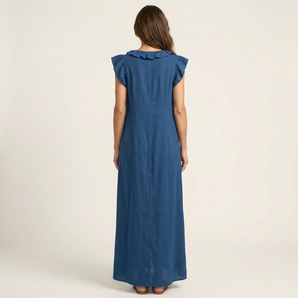 Josette ruffle V-neck maxi dress in blue, back view