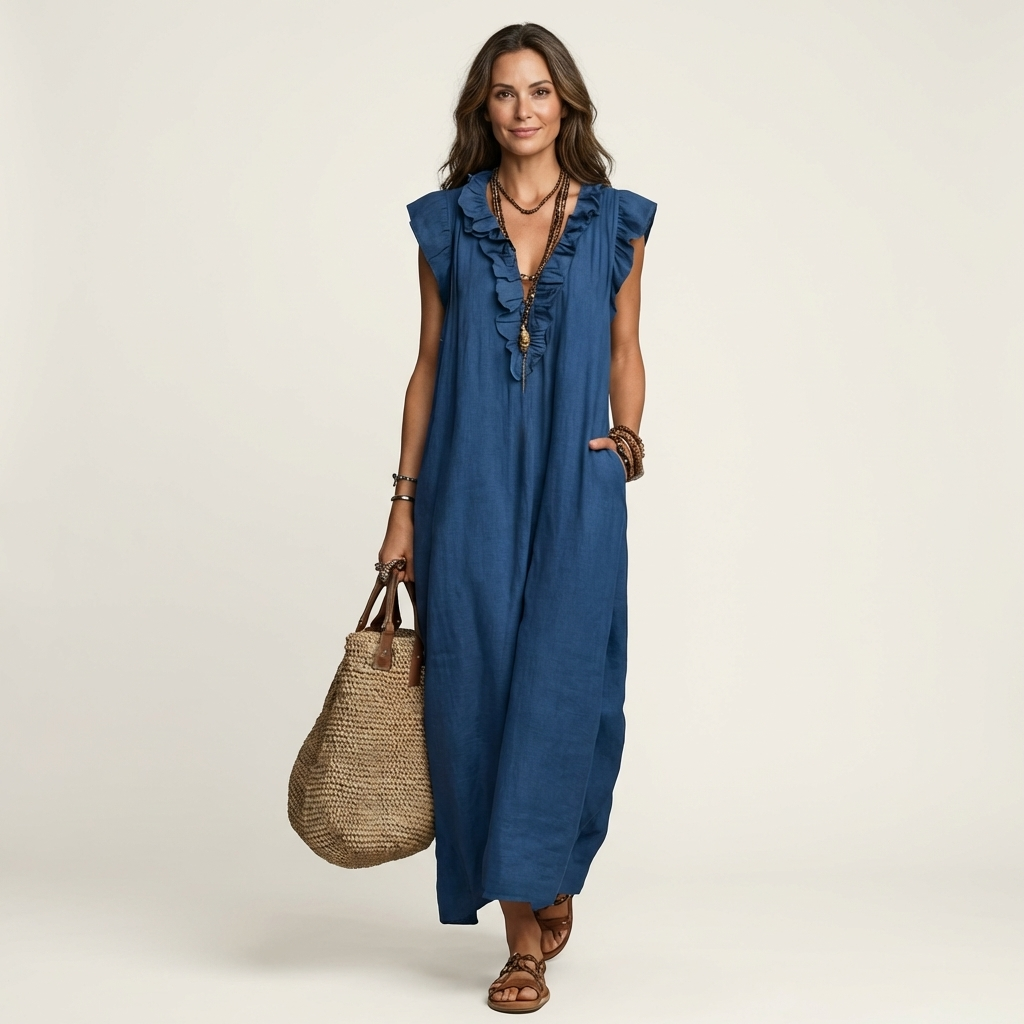 Josette ruffle V-neck maxi dress in blue, walking front view
