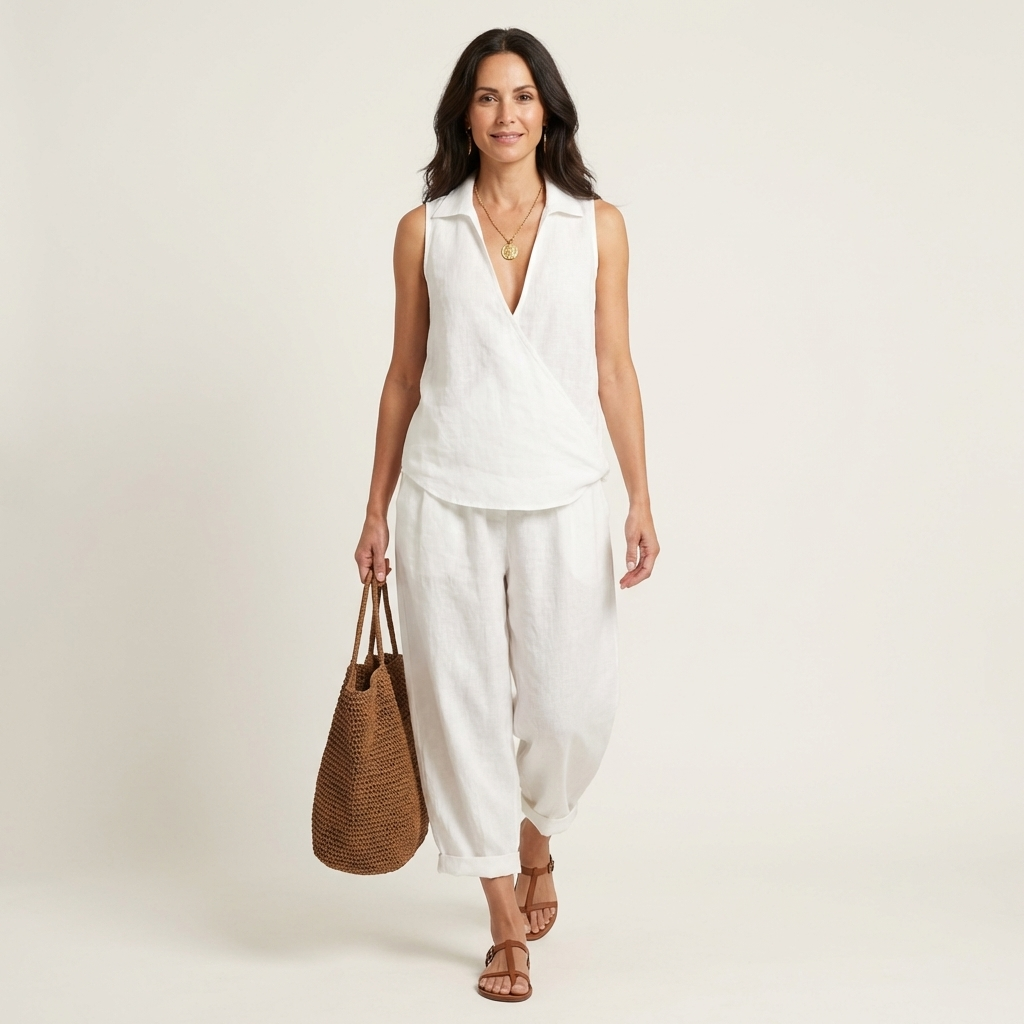 Twiila wrap-top and wide-leg set in white, full-length front view