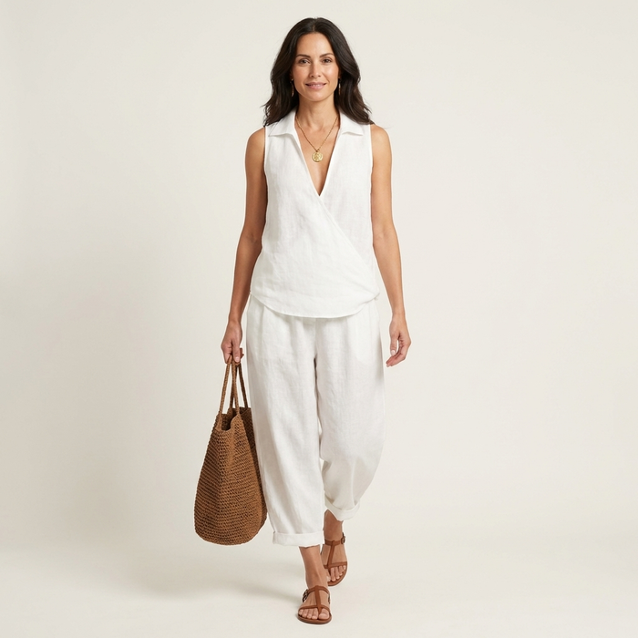 Twiila wrap-top and wide-leg set in white, full-length front view