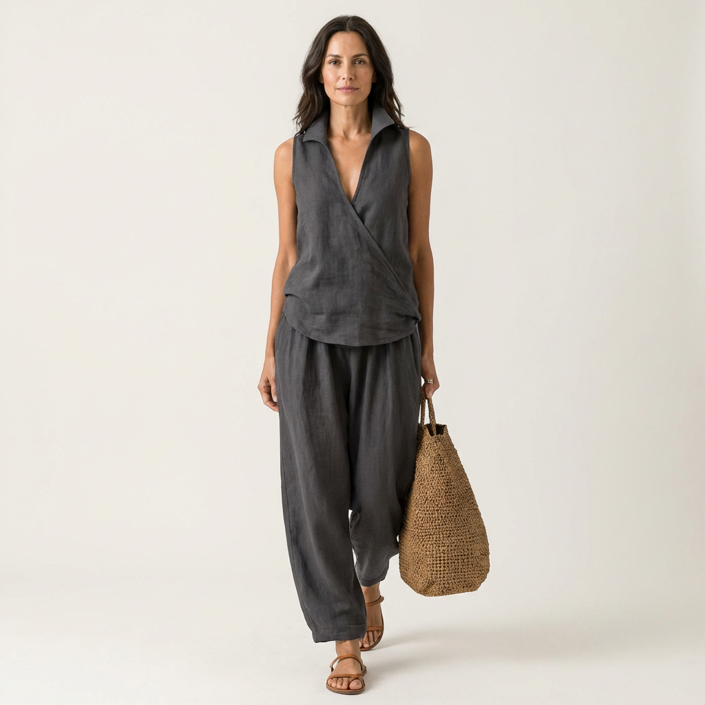 Twiila wrap-top and wide-leg set in charcoal grey, front view