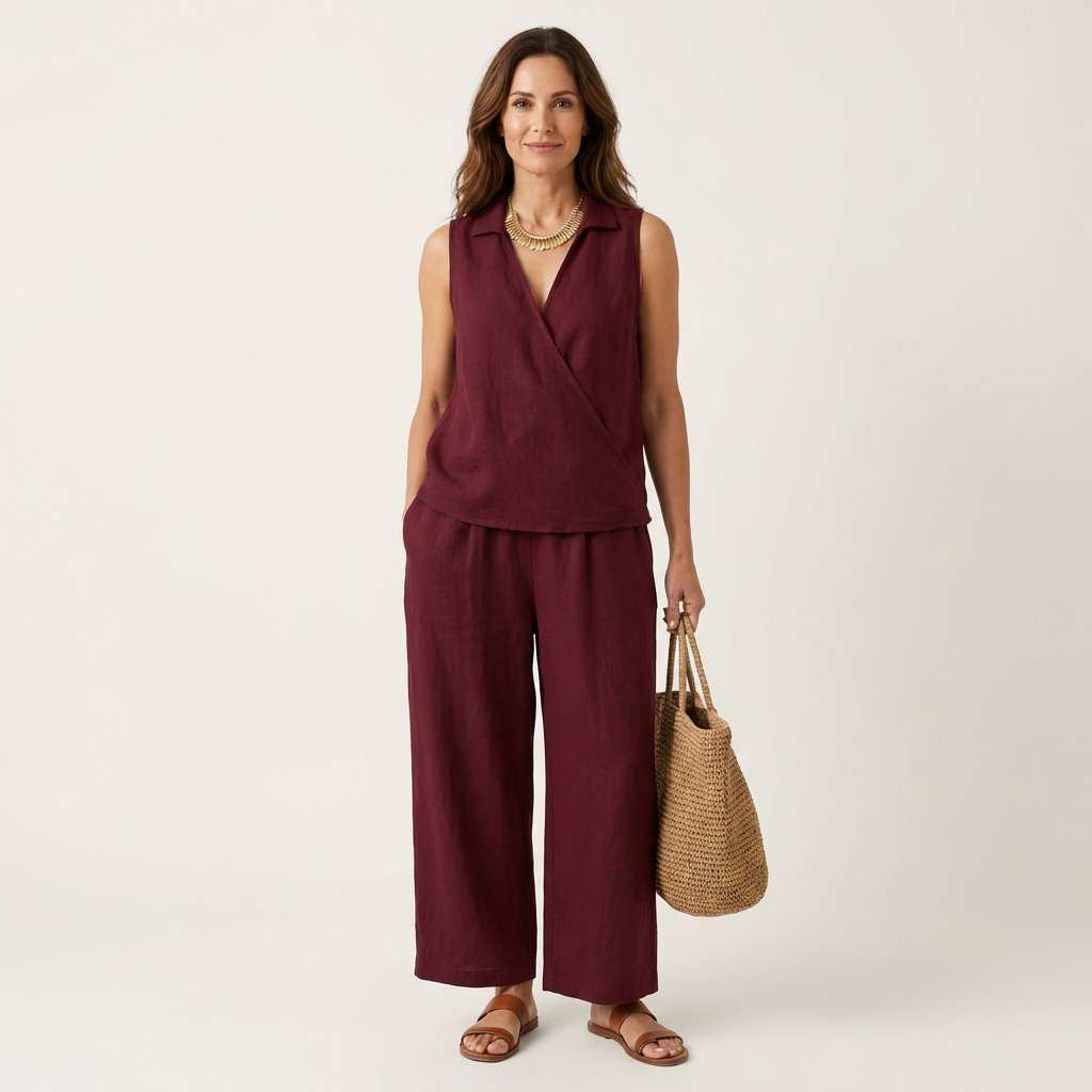 Twiila wrap-top and wide-leg set in burgundy red, front view
