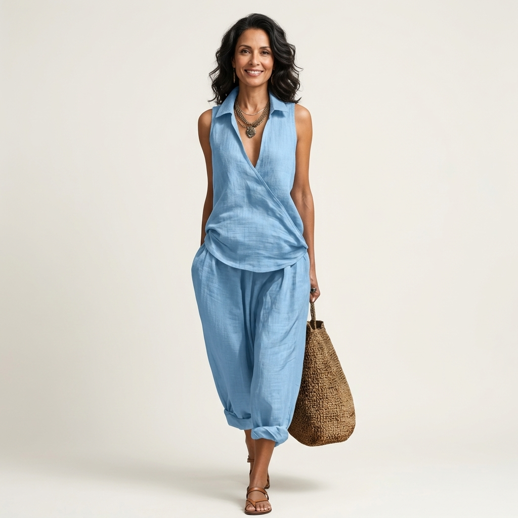 Twiila wrap-top and wide-leg set in light blue, front view