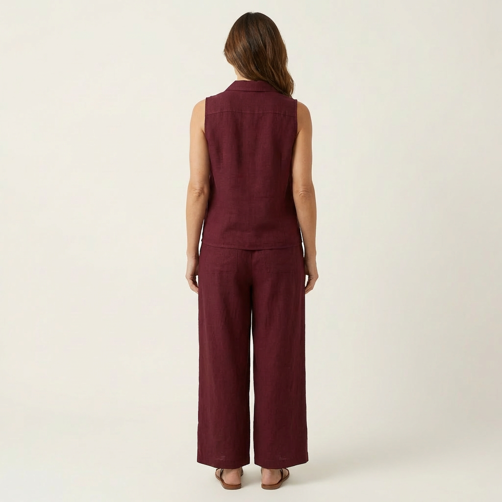 Twiila wrap-top and wide-leg set in burgundy red, back view