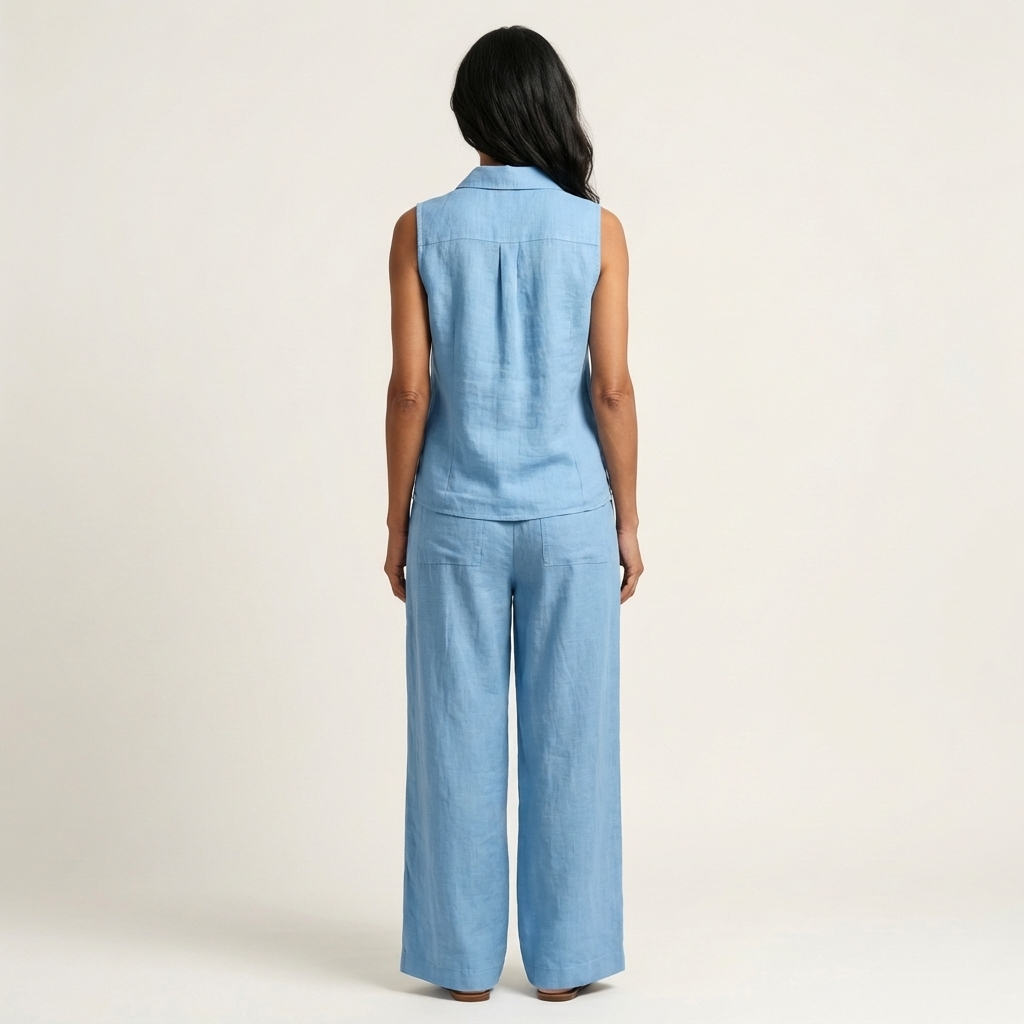 Twiila wrap-top and wide-leg set in light blue, back view