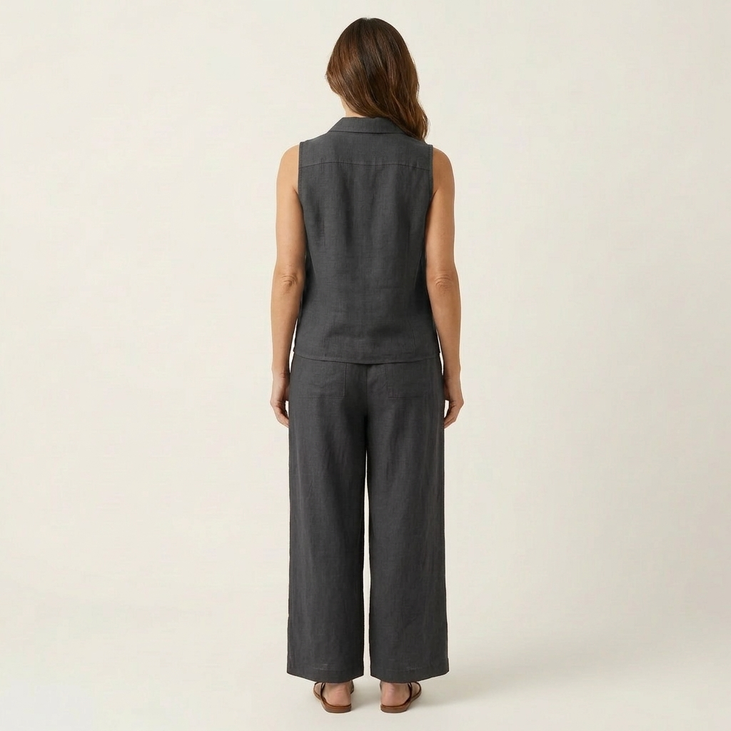 Twiila wrap-top and wide-leg set in charcoal grey, back view