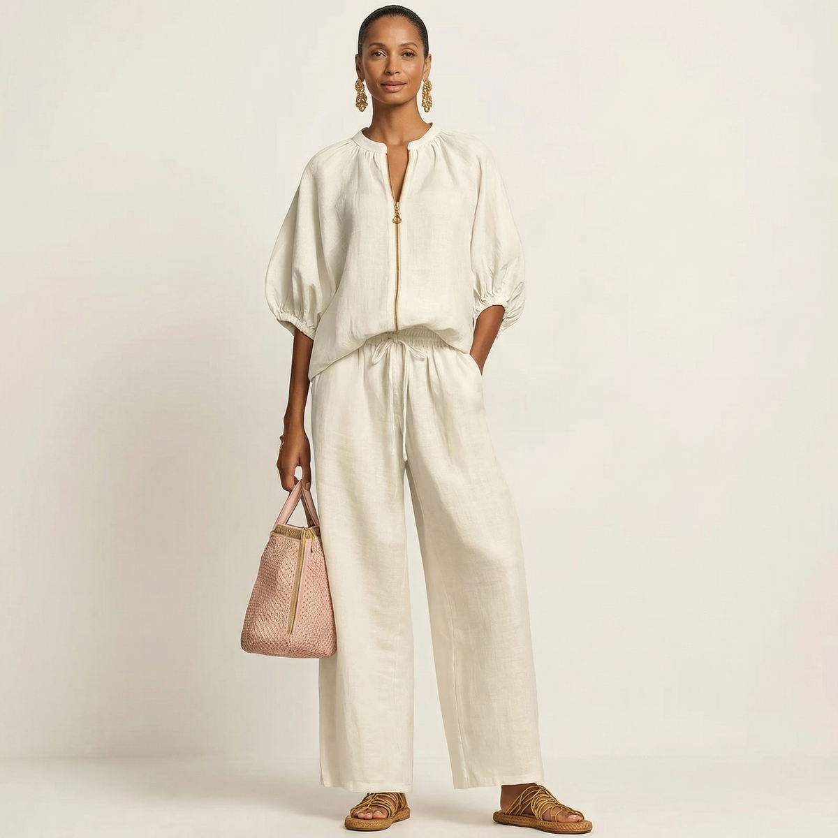 Marlowe zipper-front puff sleeve set in white, full-length front view