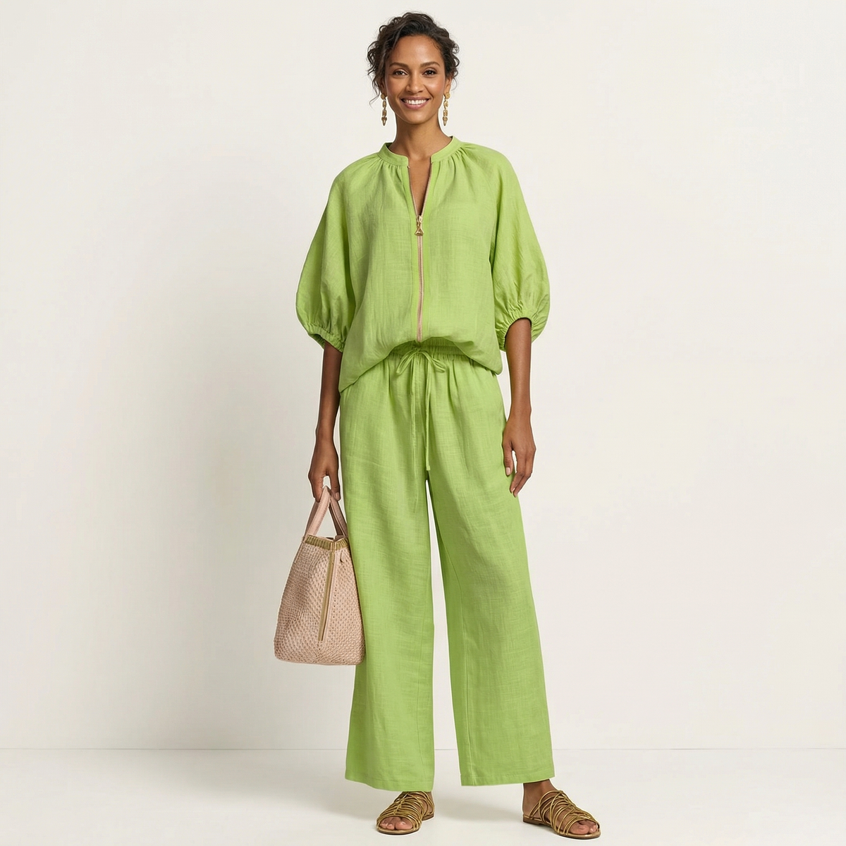 Marlowe zipper-front puff sleeve set in green, full-length front view