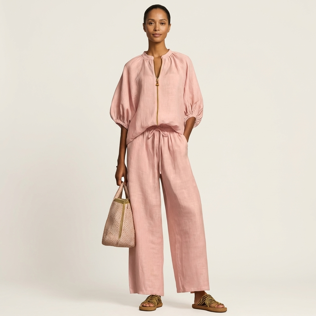 Marlowe zipper-front puff sleeve set in pink, full-length front view
