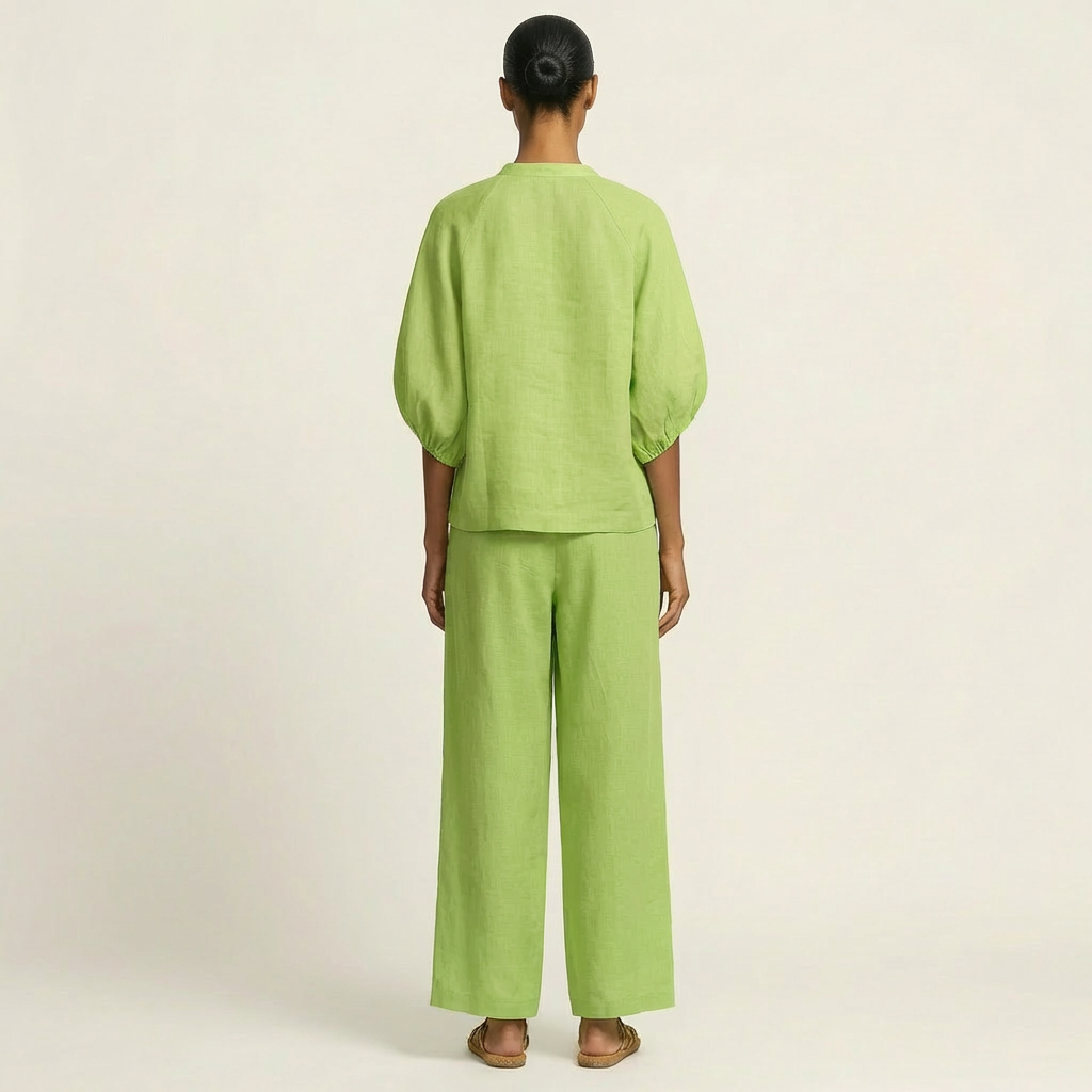 Marlowe puff sleeve set in green, full-length back view