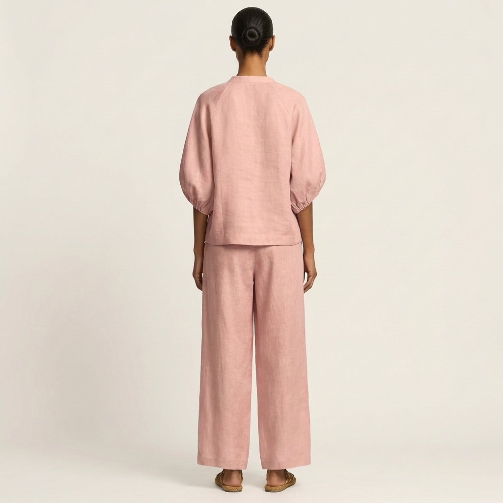 Marlowe puff sleeve set in pink, full-length back view
