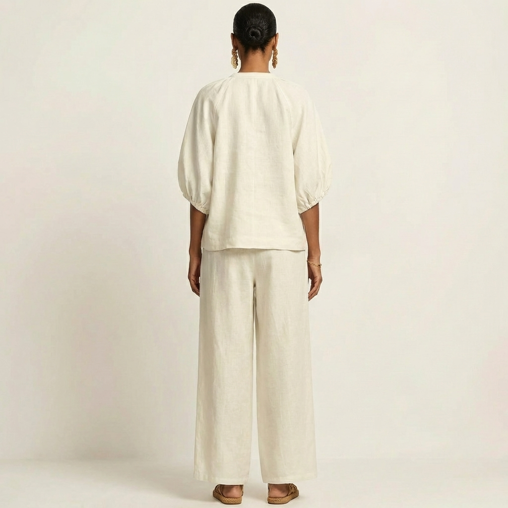 Marlowe puff sleeve set in white, full-length back view