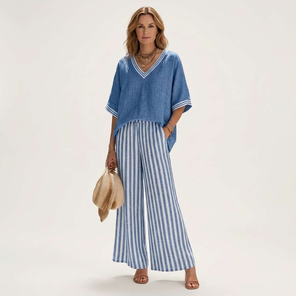 Juliana linen set in blue, front view with striped wide-leg trousers