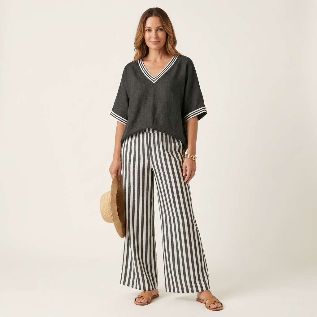 Juliana linen set in black, front view with striped wide-leg trousers