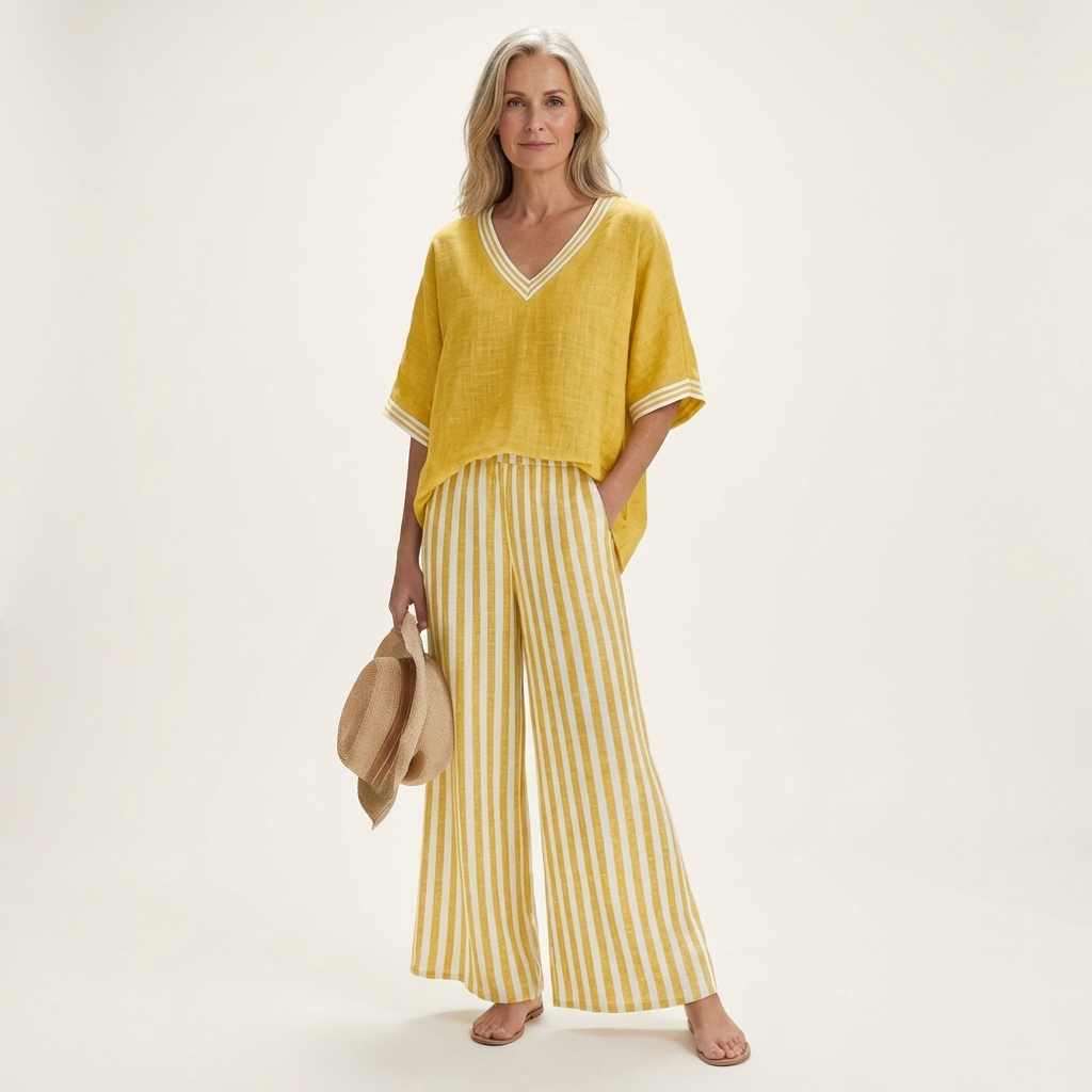 Juliana linen set in yellow, front view with varsity V-neck trim