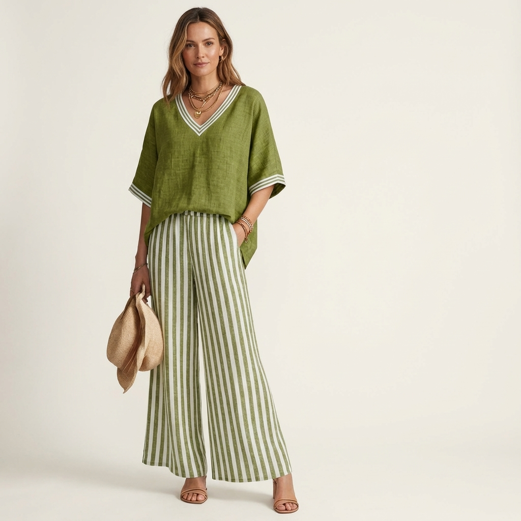 Juliana linen set in green, full-length front view