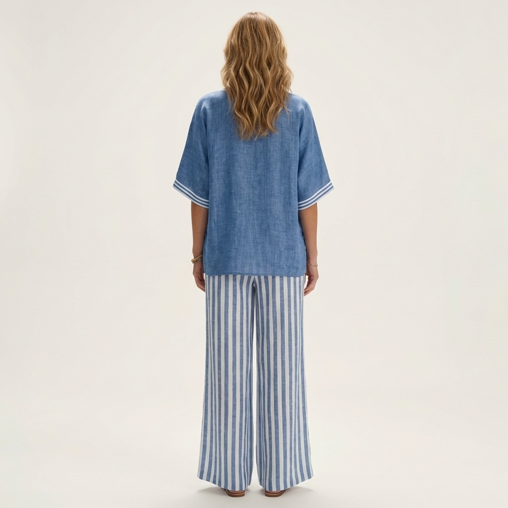 Juliana linen set in blue, back view showing boxy top