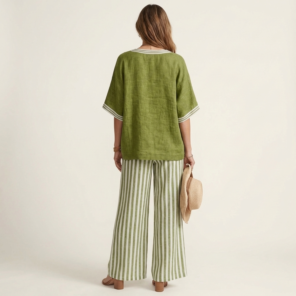 Juliana linen set in green, back view with striped trousers