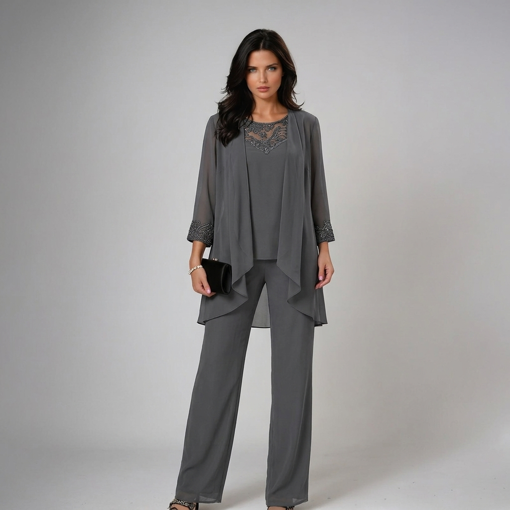 Iva three-piece set in grey, front view with beaded cuff detail