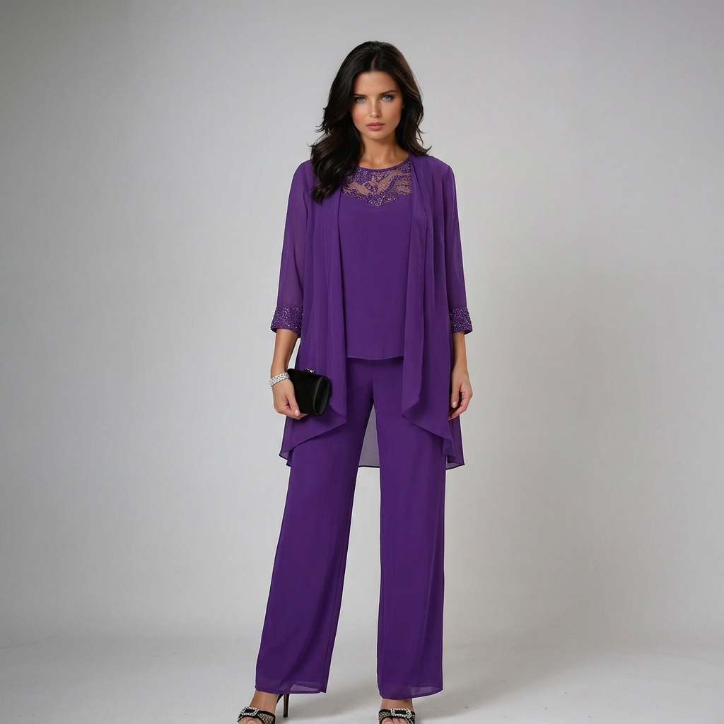Iva three-piece set in purple, front view with open jacket
