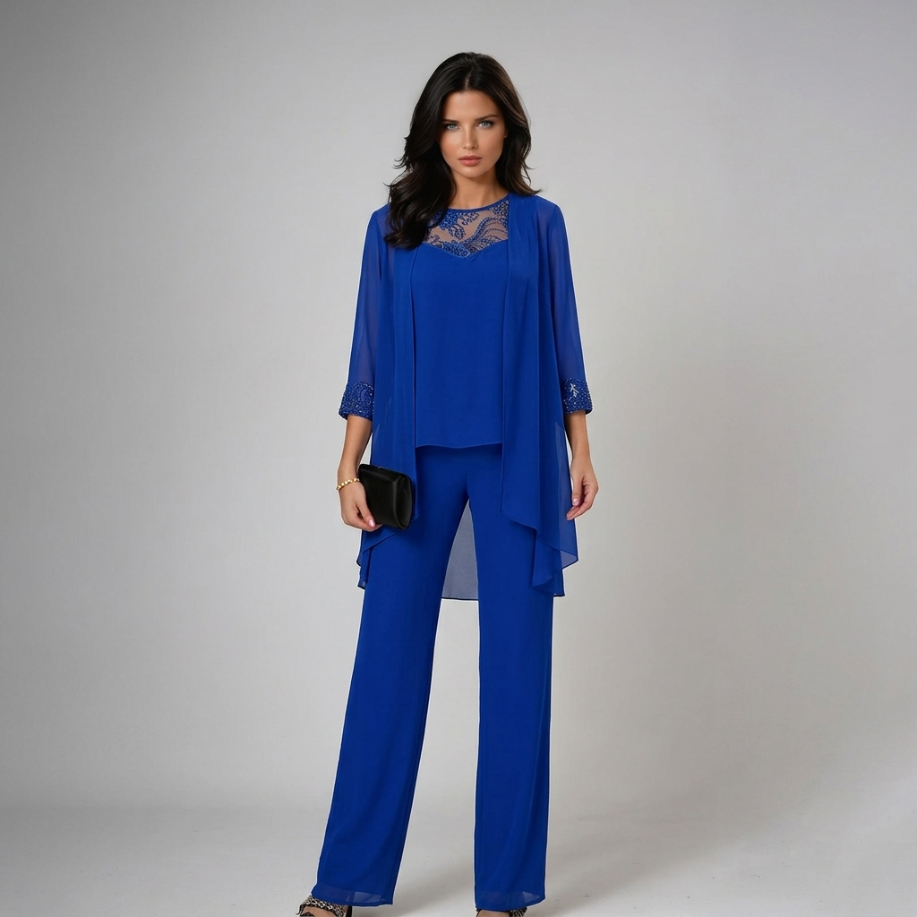 Iva three-piece set in royal blue, front view with open jacket