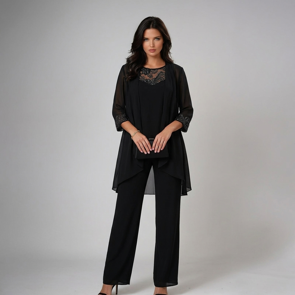 Iva three-piece set in black, front view with lace yoke top