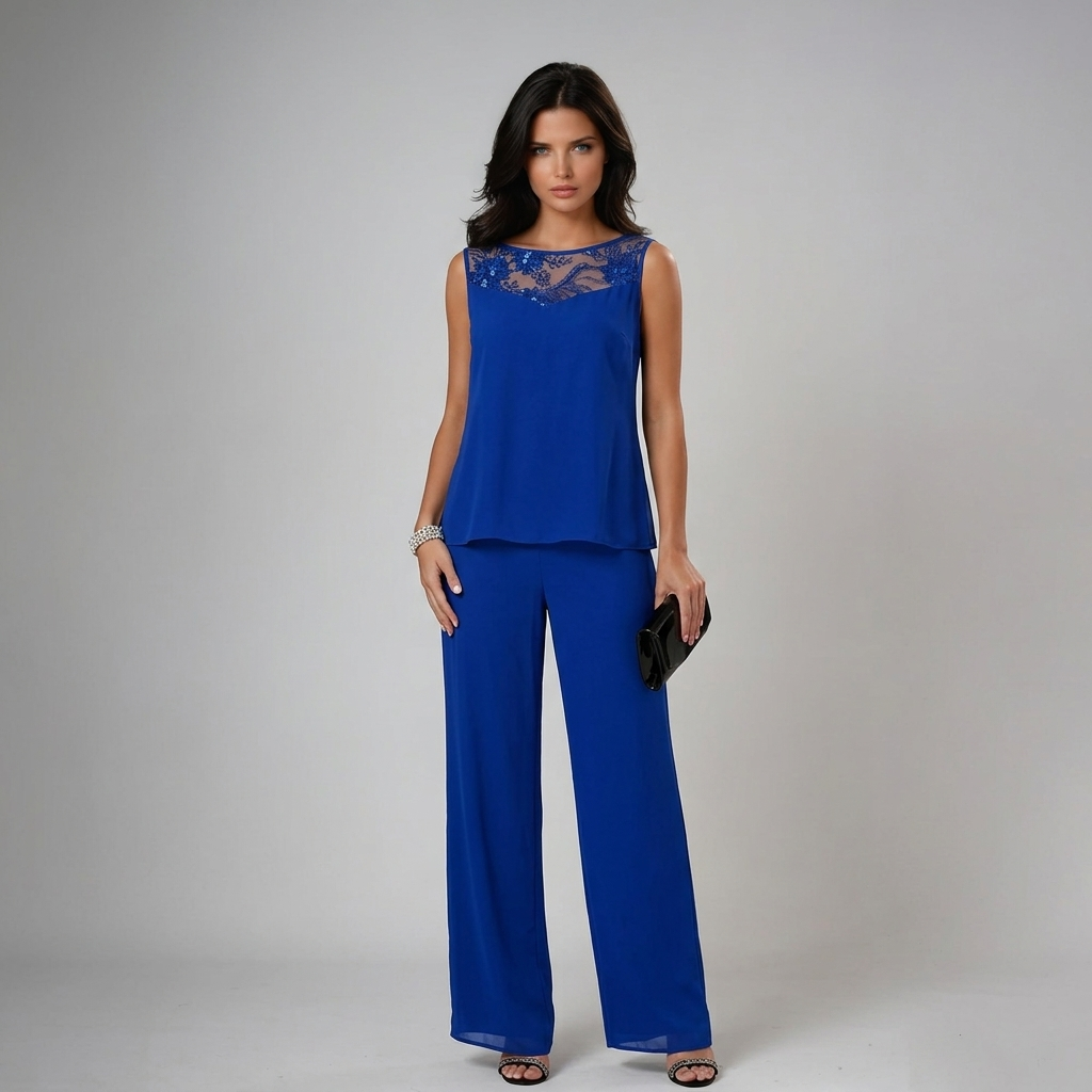 Iva three-piece set in royal blue, sleeveless lace-yoke top and wide-leg trousers