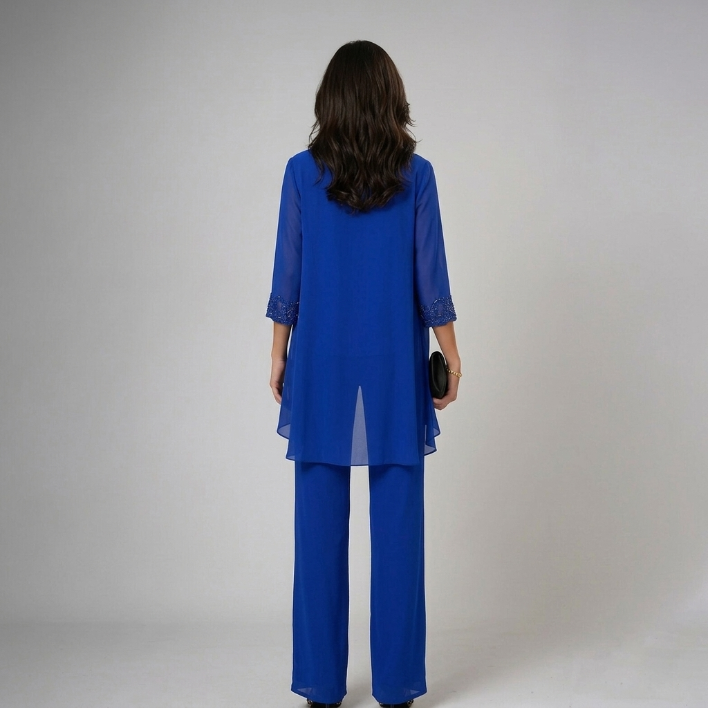 Iva three-piece set in royal blue, back view of jacket and trousers