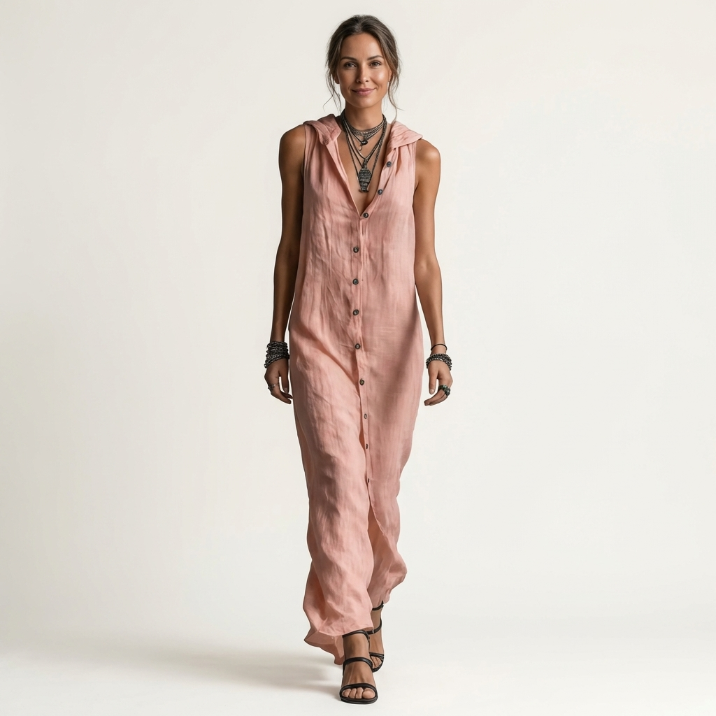 Mirabell hooded button-front maxi dress in pink, full-length front view