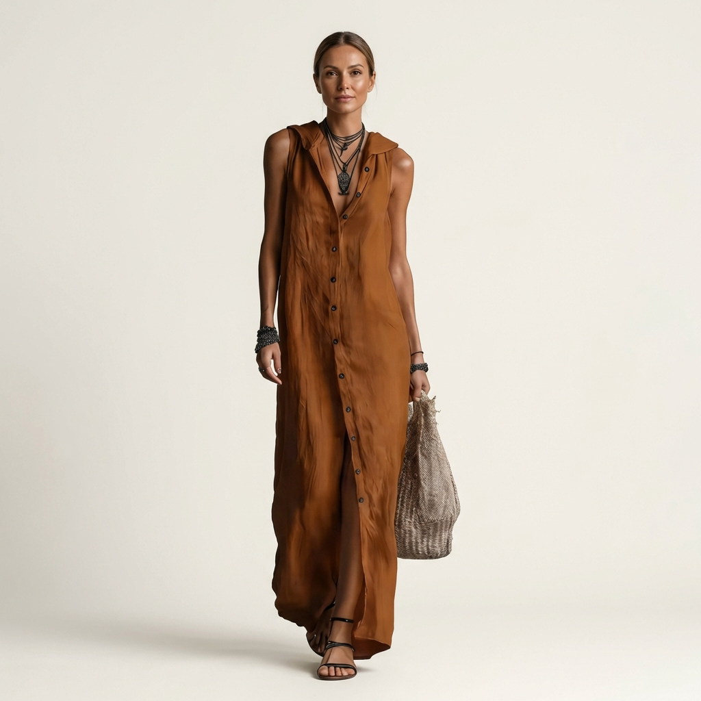 Mirabell hooded button-front maxi dress in brown, full-length front view